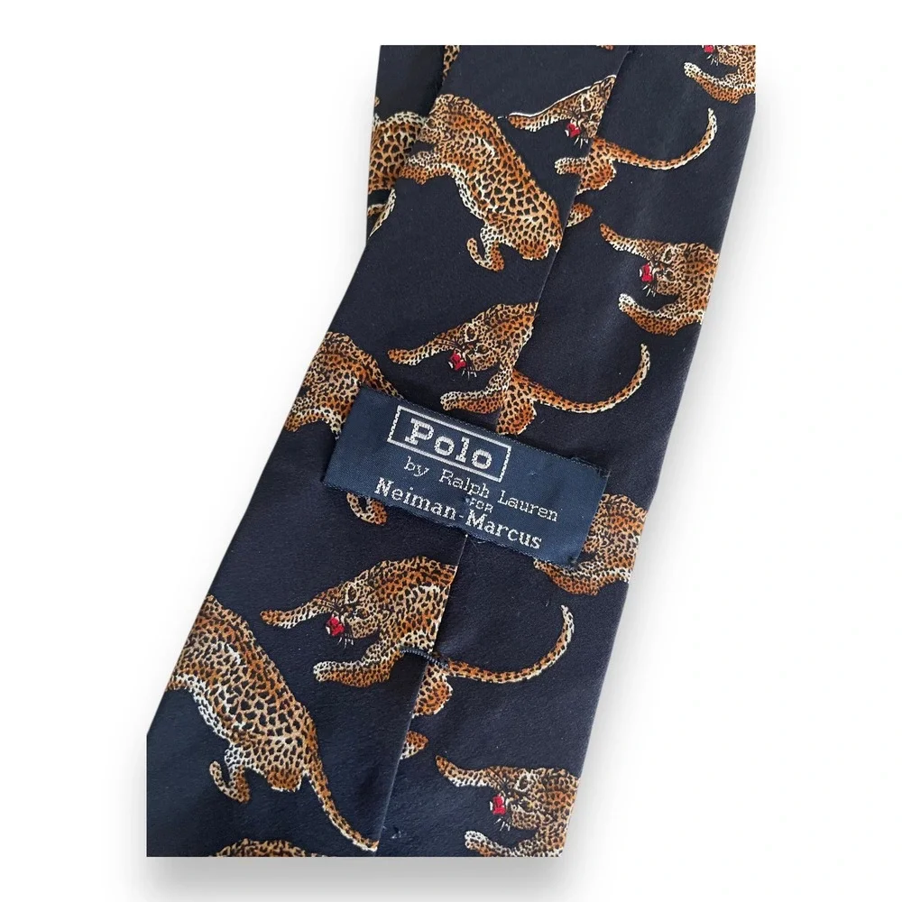 Vintage Polo Ralph Lauren Tie Navy Blue Leopard Animal Print Wide Hand Made USA‎